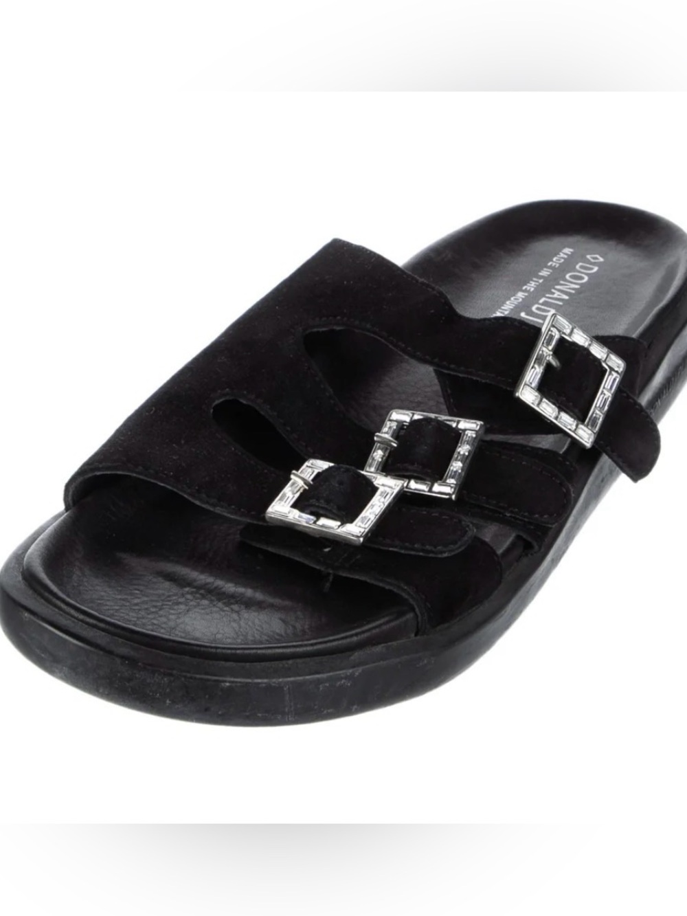 Donald J. Pliner Black Suede Slide Sandals with sparkly Silver Buckles